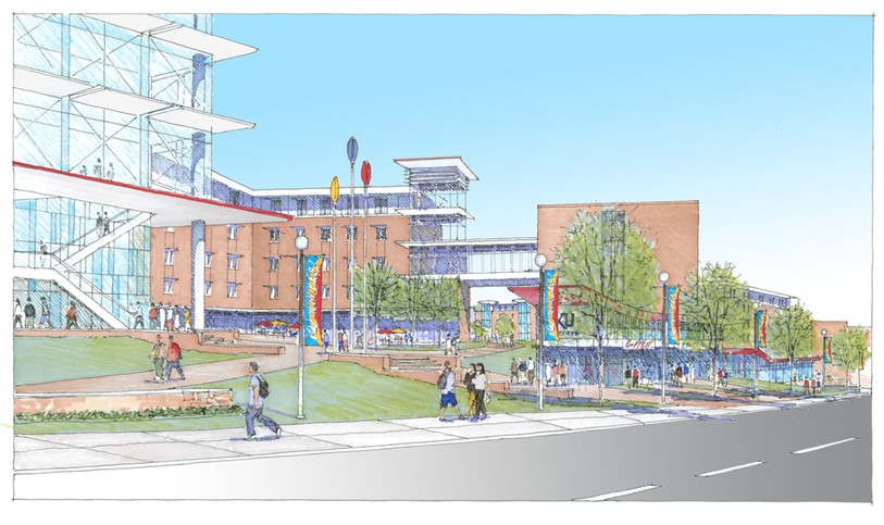 View of proposed mixed-use development, Central District | University of Kansas | The plan anchors the southwest corner of the Central District with graduate and international student housing above student life and retail program. The development connects academic and research zones of campus and provides new amenities for the surrounding community.