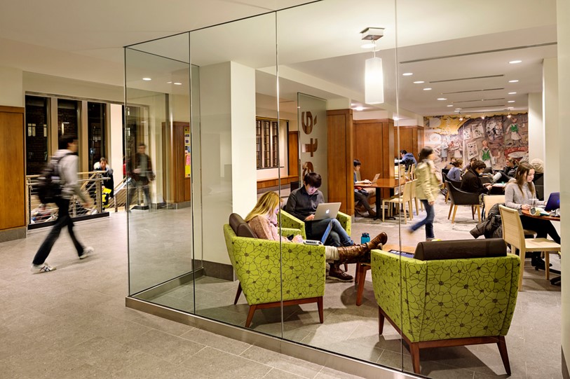 At the University of Michigan East Quad Cafe, glass enables ‘seeing and being seen’ and sets the stage for planned and serendipitous interaction.